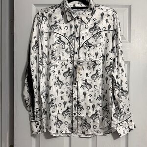 Western Print Long-Sleeve Shirt with Fringe On Sleeves and Back